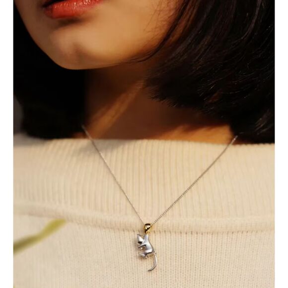 Brushed Silver Cat Swinging Tail Hanging from Gold Clasp Necklace - Picture 3 of 6